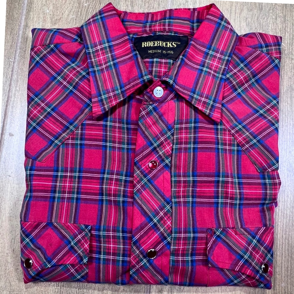 Roebucks Mens Western Plaid Short Sleeve Pearl Snap Shirt Red Blue Med 15-15.5